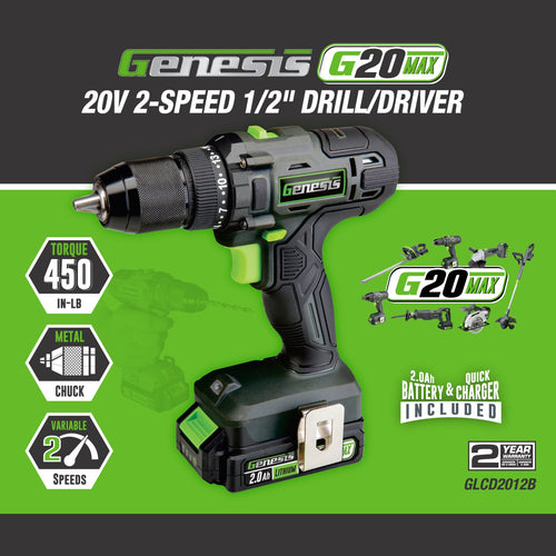 Genesis 20V 2-Speed 1/2″ Drill/Driver